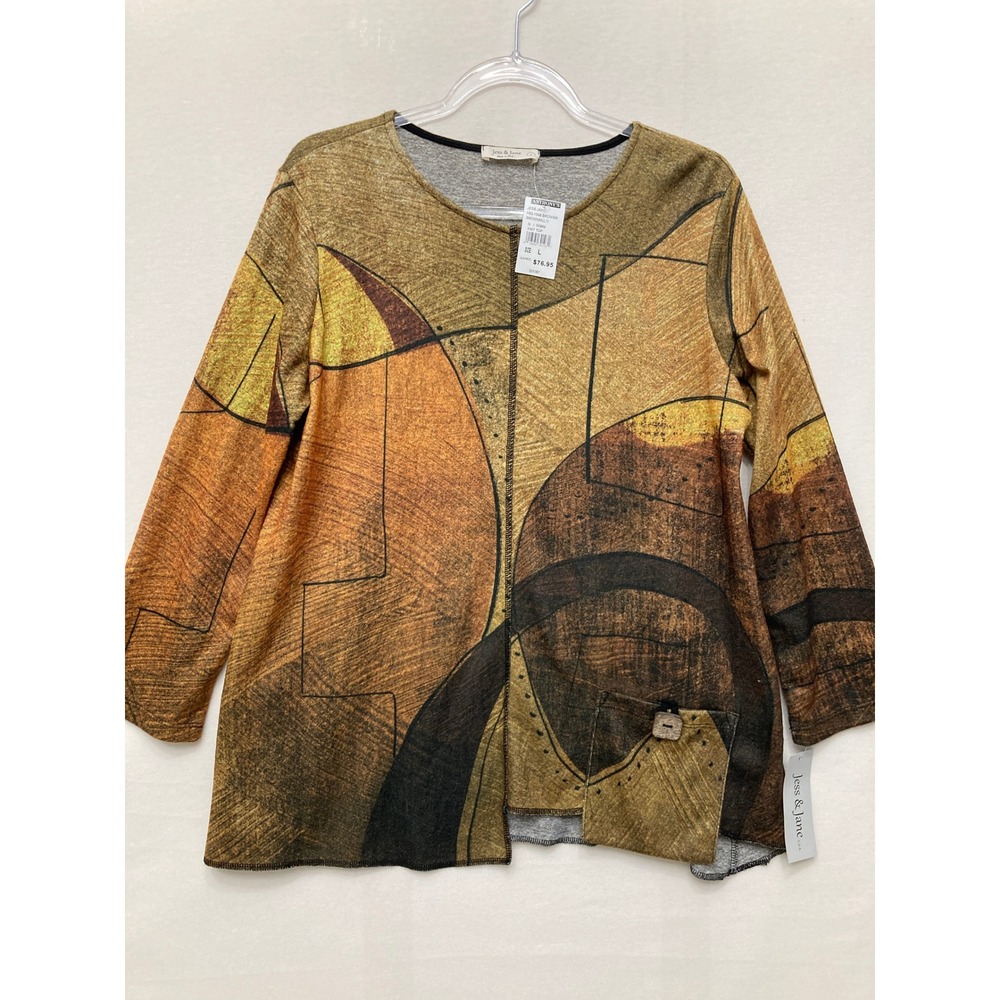 New Jess & Jane Knit Top Large Brown Maya Abstract Geometric Art Long Sleeve